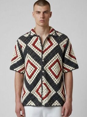 Zara Men's Crochet Pattern Shirt - Red, Black, White